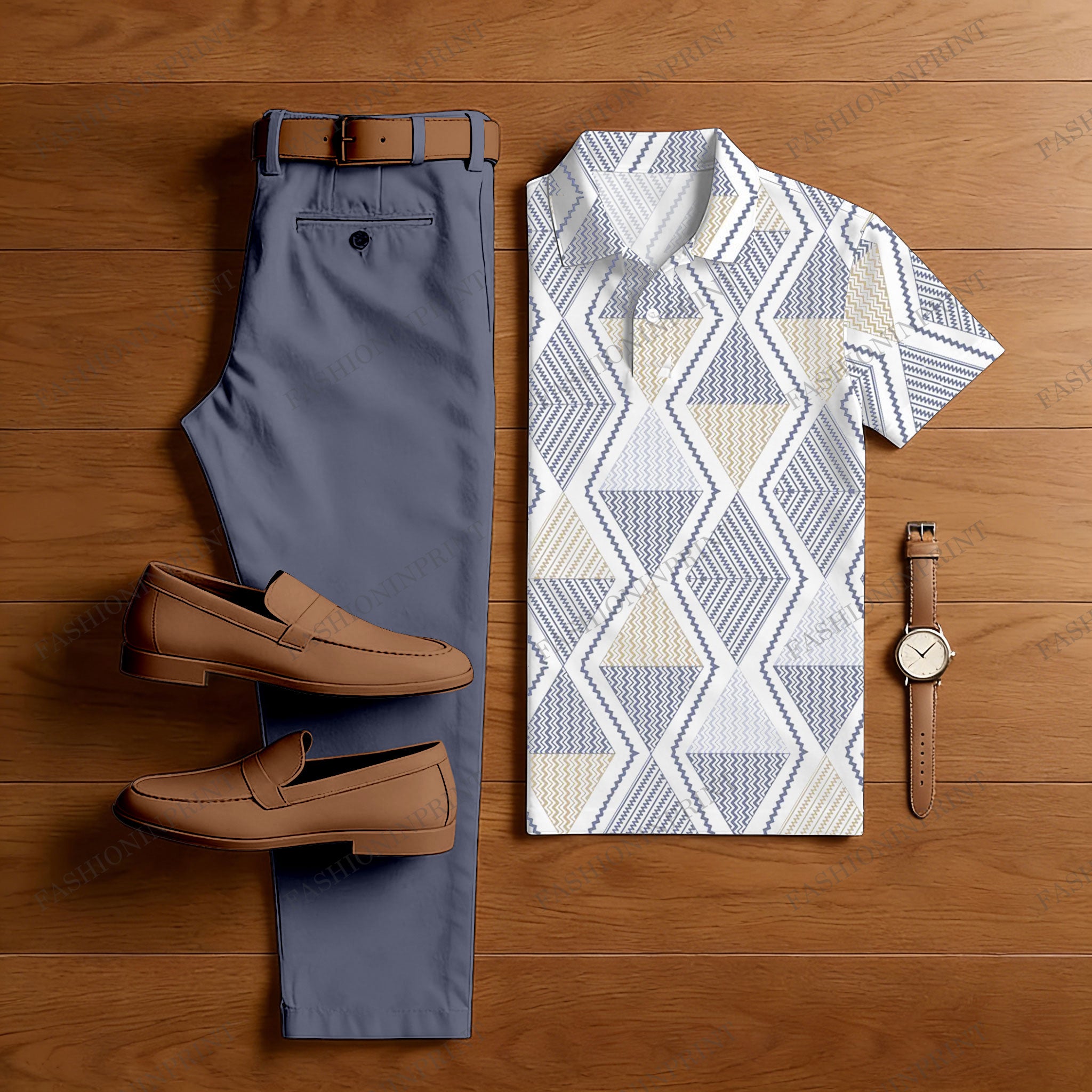 Men's Casual Purple & White Color Matching Retro Style Printed Short Sleeved Polo Shirt & Trousers Two-Piece Set201450