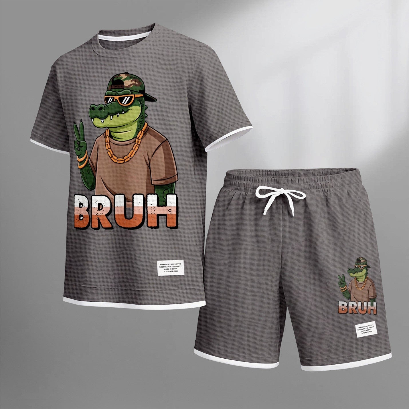 Men's Hip-Hop Street Style Funny Animal Graphic Print Short Sleeve Shirt and Drawstring Shorts Set, Casual Summer Two-Piece Outfit, Lightweight Breathable Relaxed Fit Sportswear, Stylish Comfortable Daily Wear Beach Vacation Travel Loungewear