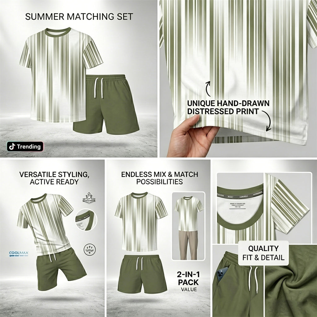 Men’s Summer 2 Piece Set, Vertical Stripe Print Short Sleeve T Shirt and Drawstring Shorts Matching Outfit, Lightweight Breathable Casual Set for Beach, Vacation, Gym, Travel, Running, and Daily Wear