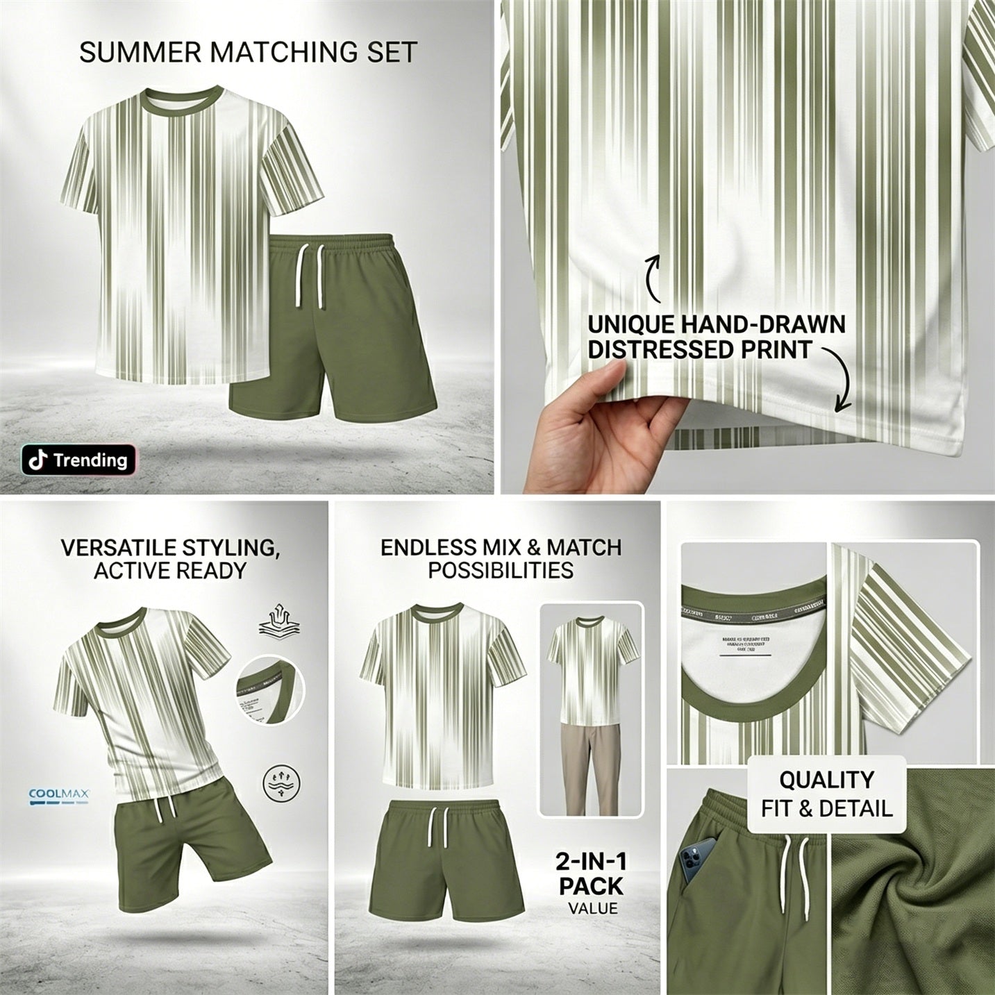 Men’s Summer 2 Piece Set, Vertical Stripe Print Short Sleeve T Shirt and Drawstring Shorts Matching Outfit, Lightweight Breathable Casual Set for Beach, Vacation, Gym, Travel, Running, and Daily Wear