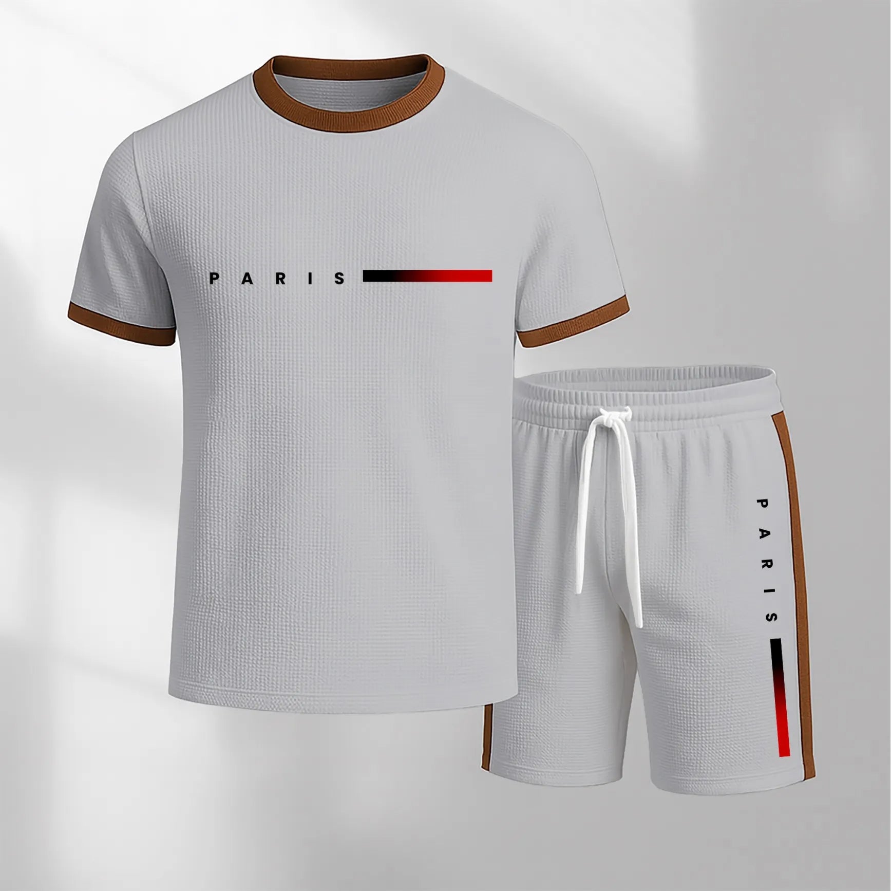 Men's Paris Print Short-Sleeved T-Shirt And Drawstring Shorts Set, Men's Casual Sportswear, Short-Sleeved Top And Shorts, Suitable For Summer Daily Wear, Indoor And Outdoor Sports, Athletic Set.
