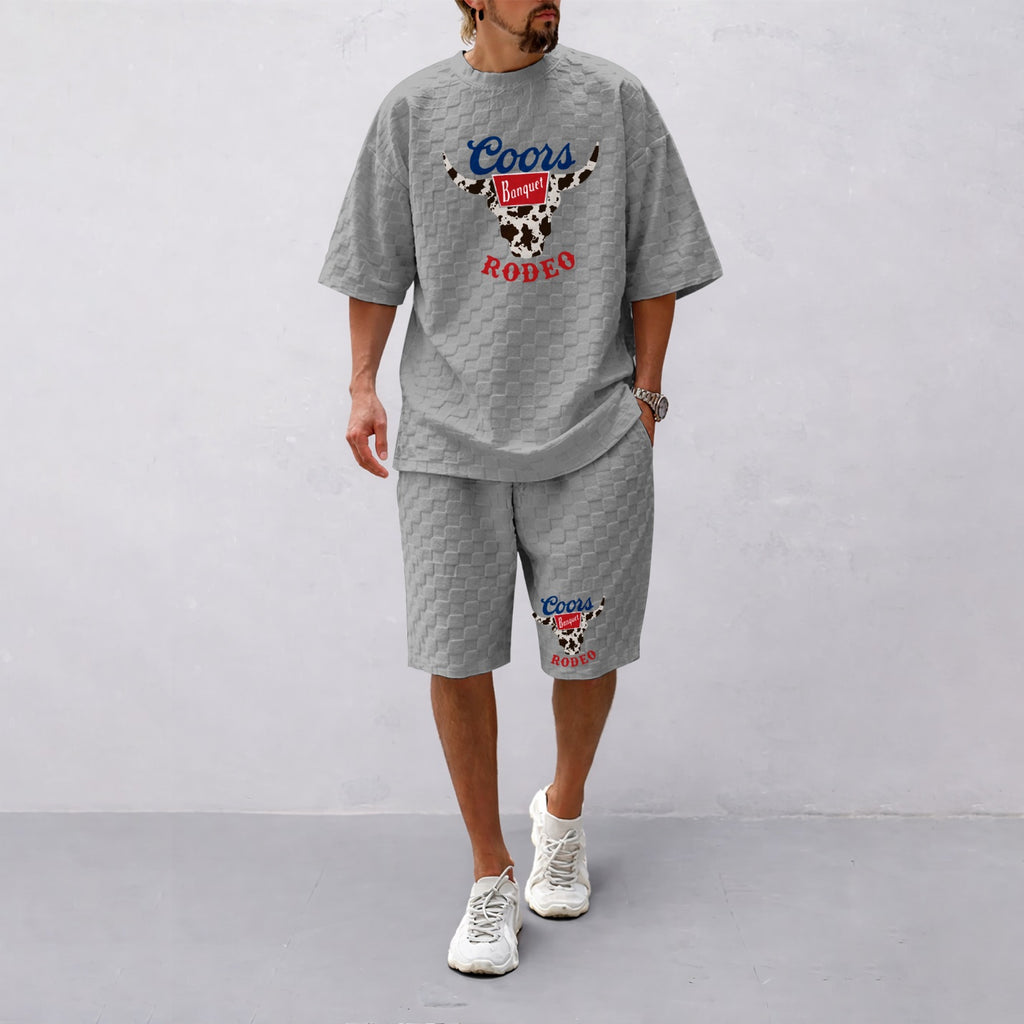 Men's Spring And Summer Classic Beer Print With Red And Black Line Checkered Fabric Drawstring Shorts Set, Casual Summer Outfit With Short-Sleeved Shirt And Shorts, Ideal For Everyday Wear And Sports Activities