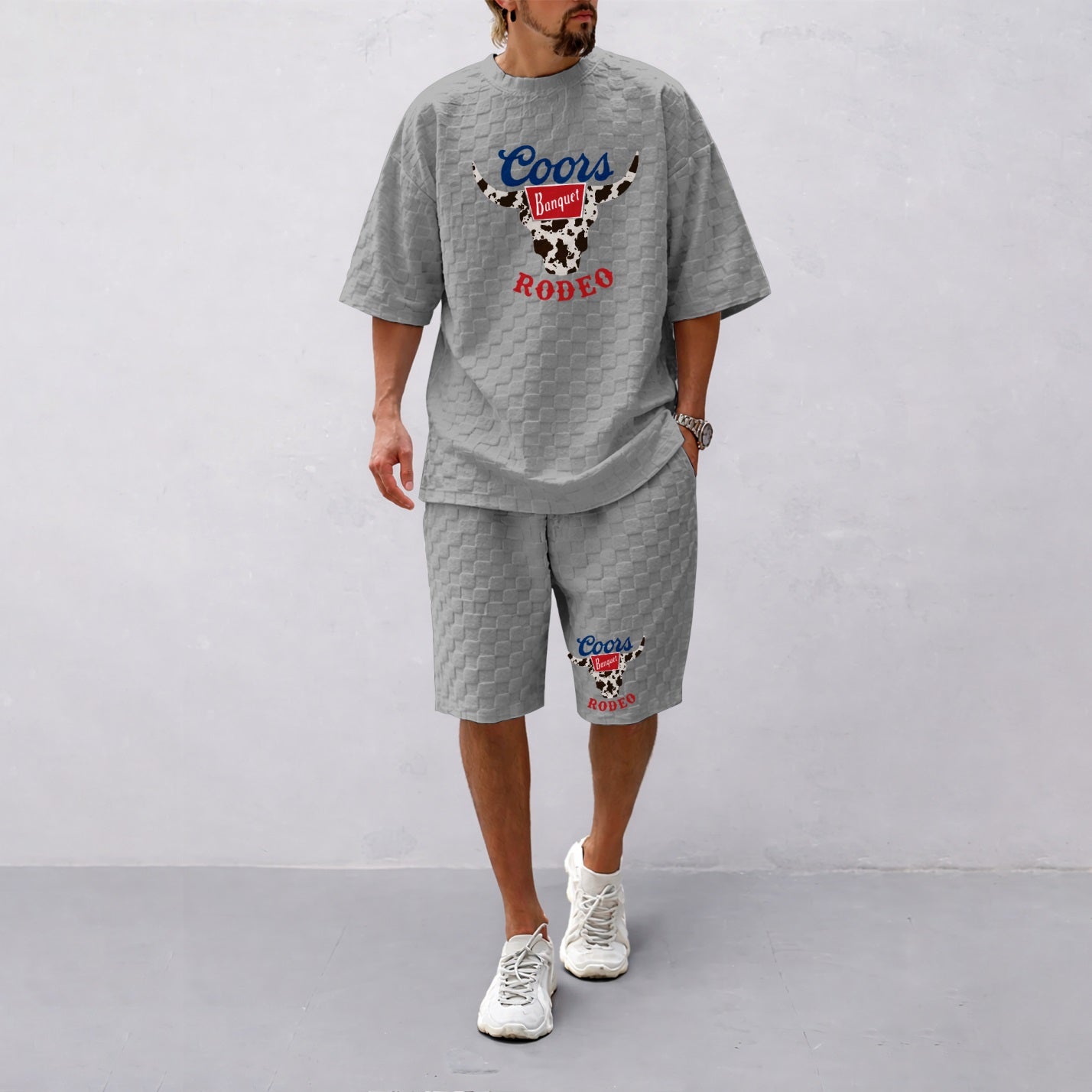Men's Spring And Summer Classic Beer Print With Red And Black Line Checkered Fabric Drawstring Shorts Set, Casual Summer Outfit With Short-Sleeved Shirt And Shorts, Ideal For Everyday Wear And Sports Activities