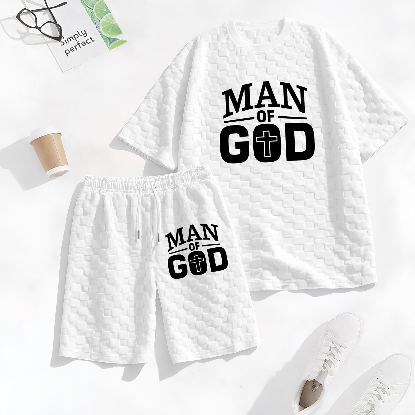 Men's Spring and Summer 'Man of God' Letter Print Checkered Fabric Drawstring Shorts Set, Casual Summer Outfit with Short-Sleeved Shirt and Shorts, Ideal for Everyday Wear and Sports Activities.