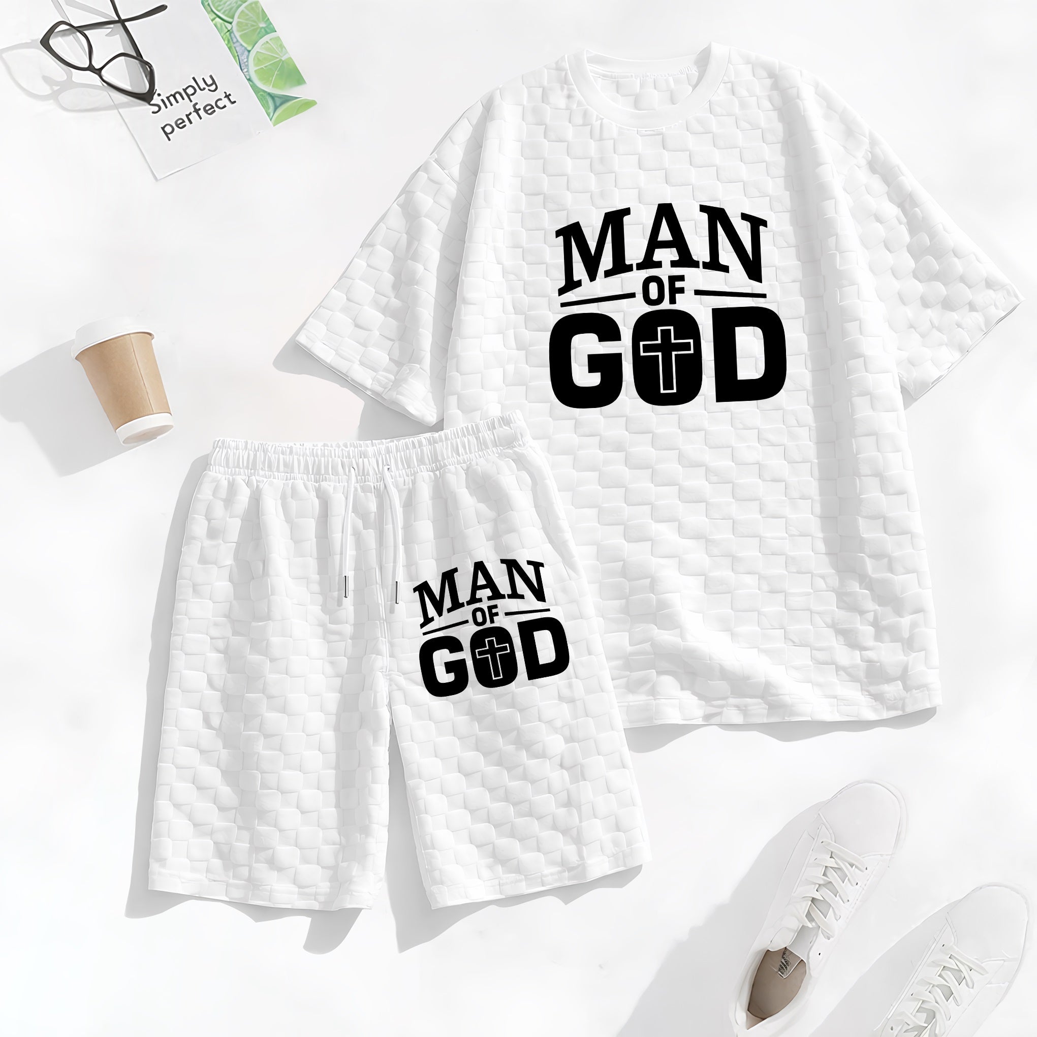 Men's Spring and Summer 'Man of God' Letter Print Checkered Fabric Drawstring Shorts Set, Casual Summer Outfit with Short-Sleeved Shirt and Shorts, Ideal for Everyday Wear and Sports Activities.