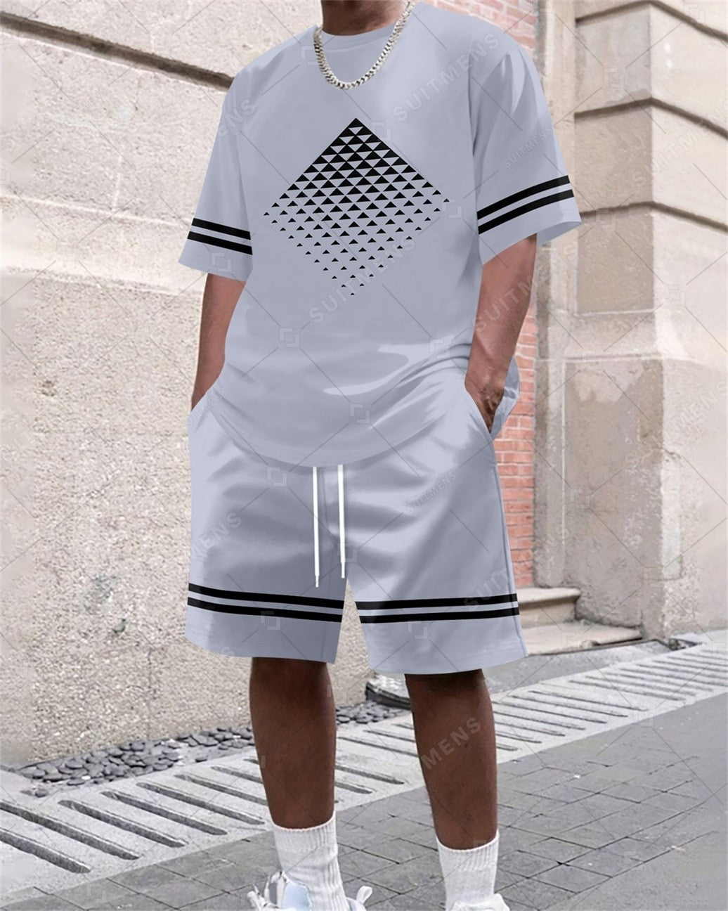 Men's Summer Simple Color Matching Print Round Neck Set 363