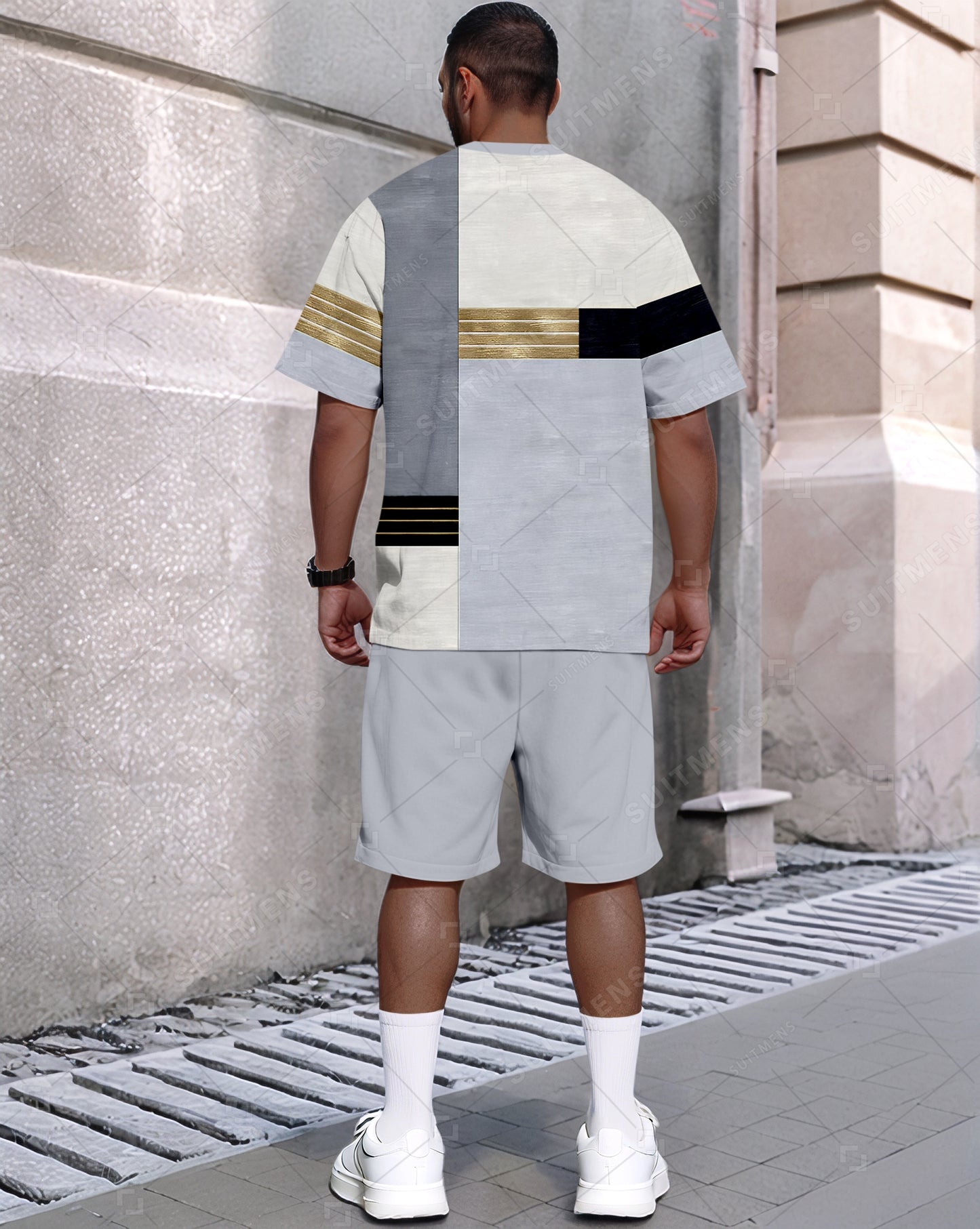 Men's Summer Colorblock Printed Round Neck Set 490