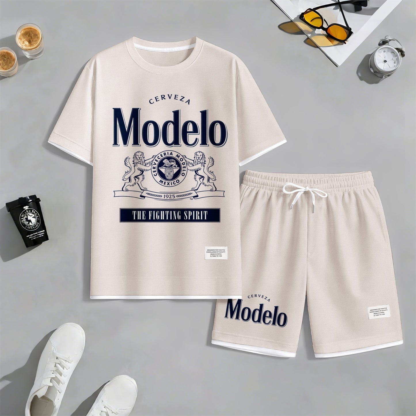 Men's Beer Print Drawstring Shorts Set, Suitable For Spring And Summer Wear, Casual Summer Set, Including Short-Sleeved Shirt And Shorts, Suitable For Everyday Wear And Sports 02