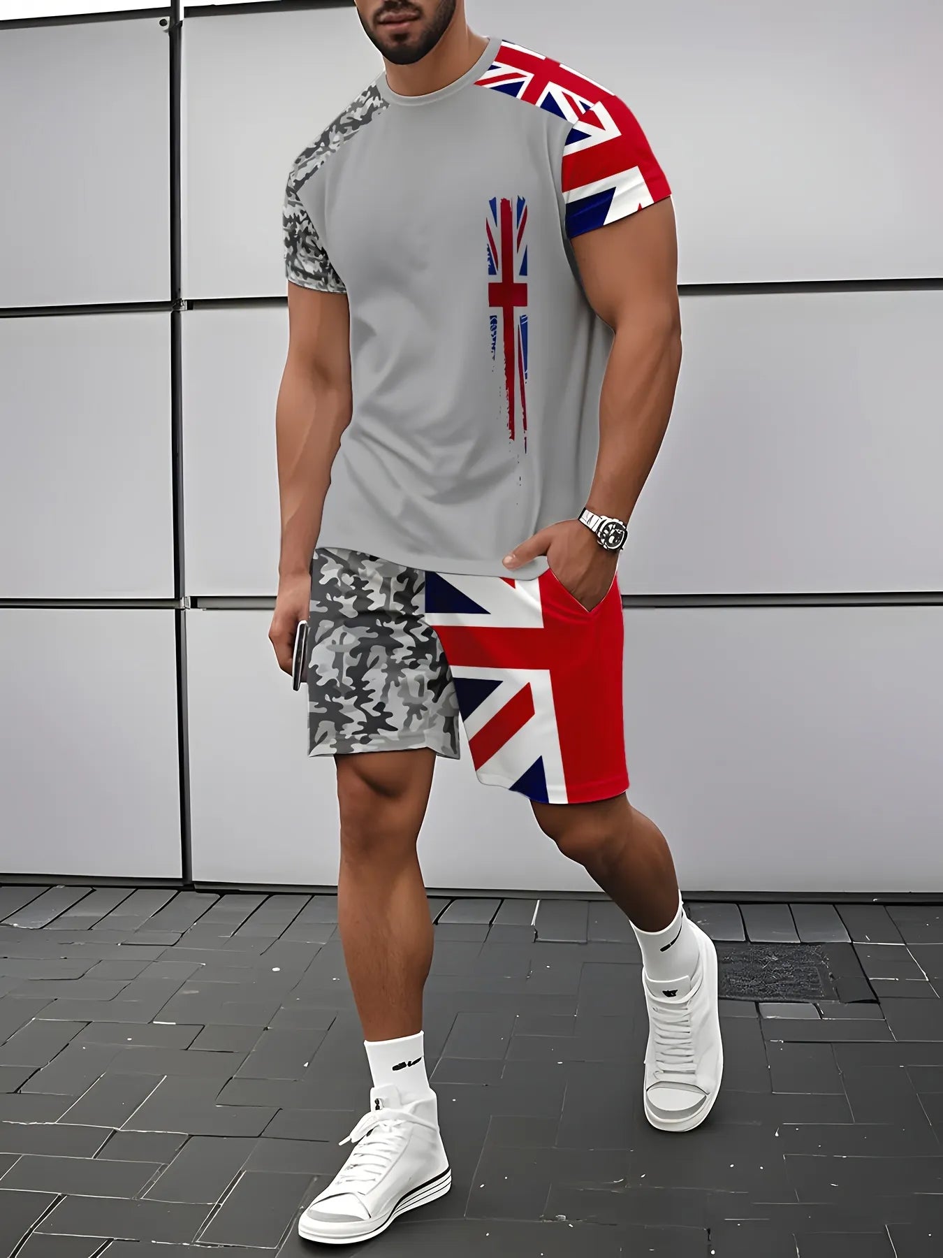 Men's Summer Flag Print Round Neck Set 972