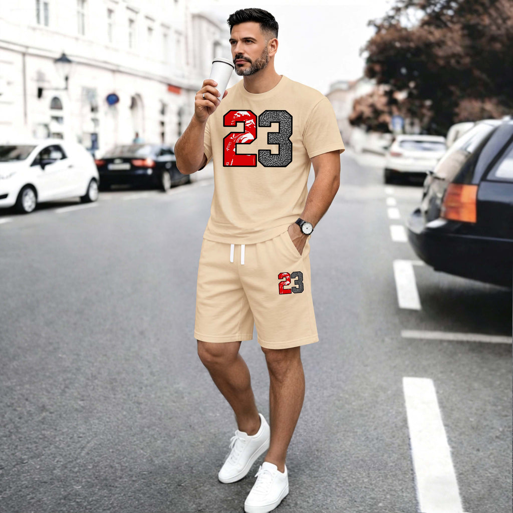 Men’s Summer 2 Piece Set, Basketball 23 Letter Print Short Sleeve T Shirt and Drawstring Shorts Matching Outfit, Lightweight Breathable Casual Set for Travel, Streetwear, Beach, Vacation, and Daily Wear