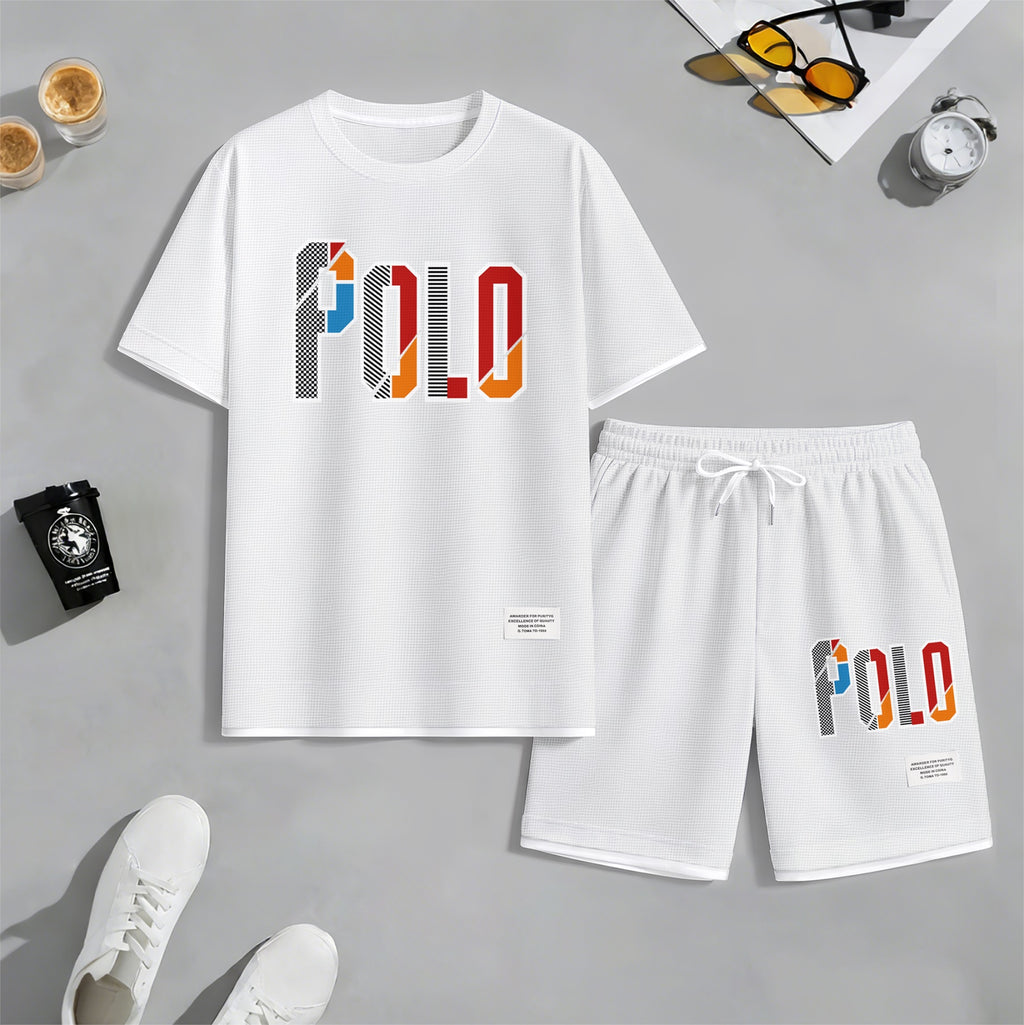 Men's Retro Cool Letter Print Short Sleeve T-Shirt & Shorts Set, Summer Lightweight Waffle Sporty Casual Two-Piece Outfit, Streetwear for Gym & Daily Wear