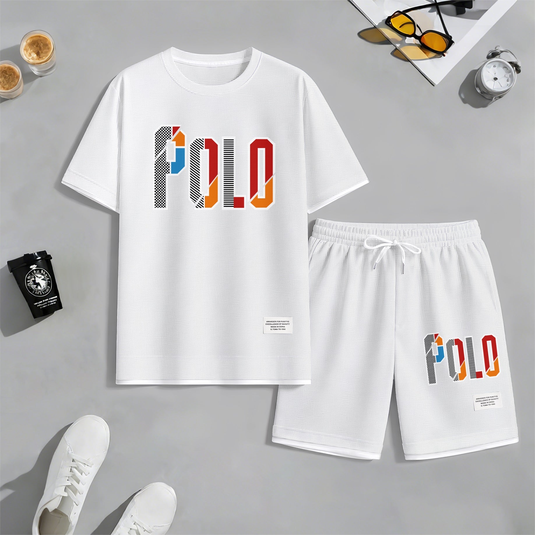 Men's Retro Cool Letter Print Short Sleeve T-Shirt & Shorts Set, Summer Lightweight Waffle Sporty Casual Two-Piece Outfit, Streetwear for Gym & Daily Wear