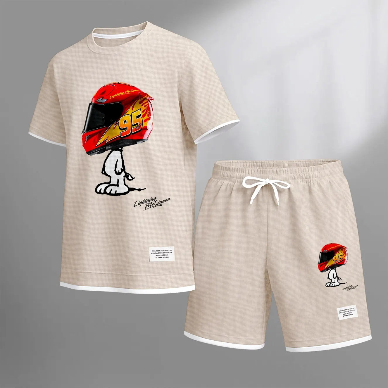 Men's Classic Racing Print Waffle Fabric Short-Sleeved Shirt And Shorts Set