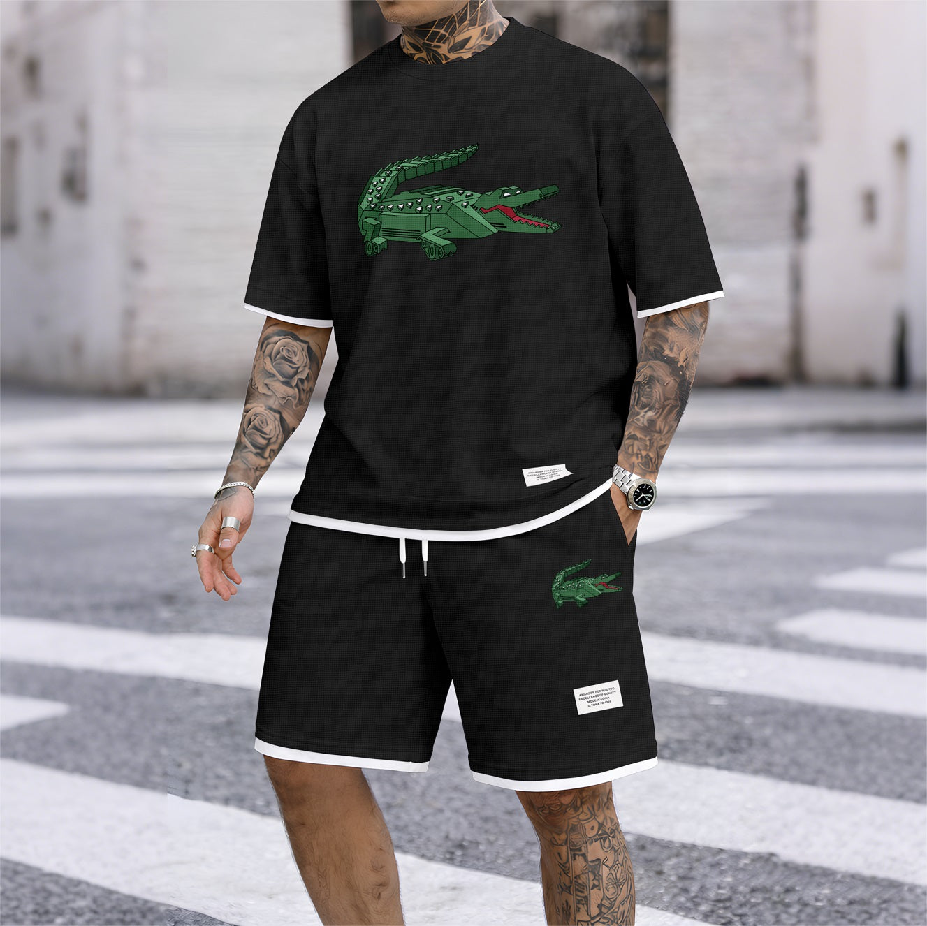 Men's Mechanical Crocodile Print Waffle Fabric Short-Sleeved Shirt And Shorts Set