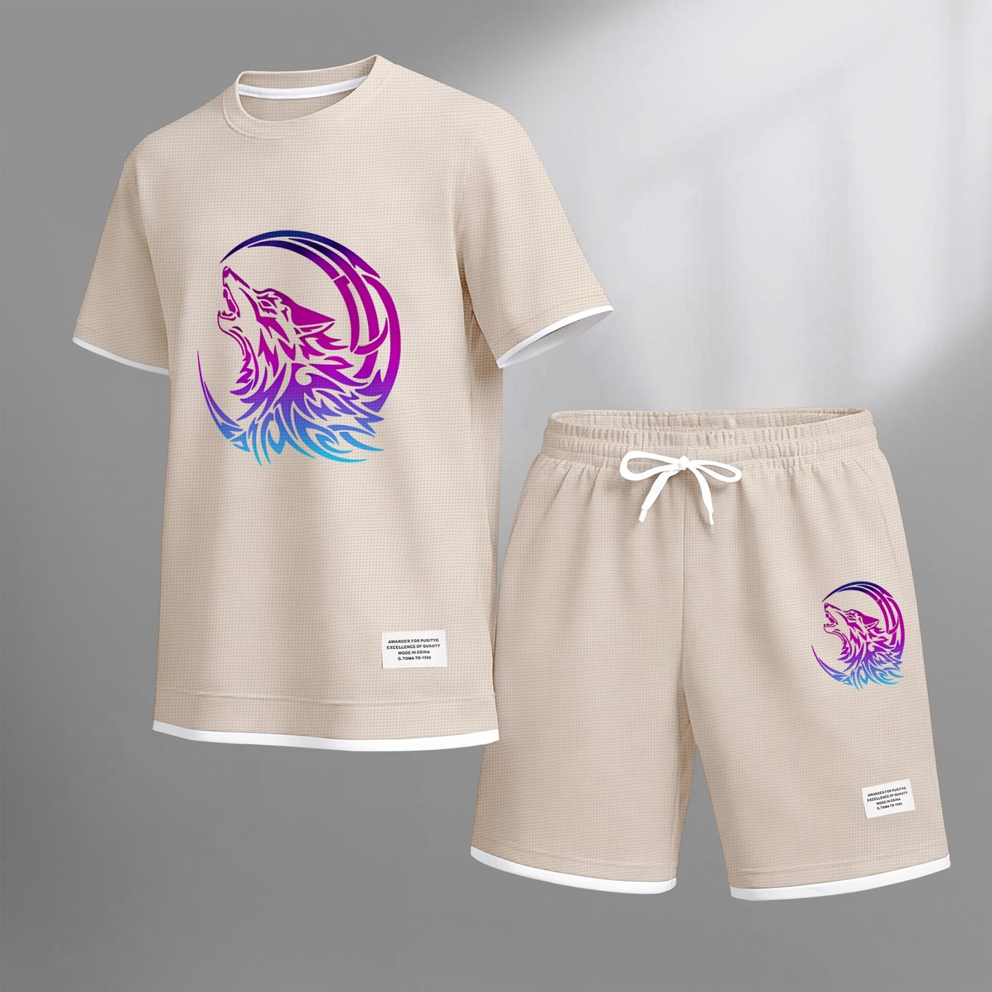 Men's Gradient Wolf & Moon Graphic Print Waffle Short Sleeve T-Shirt & Shorts Set, Summer Lightweight Sporty Casual Two-Piece Outfit, Streetwear for Gym & Daily Wear