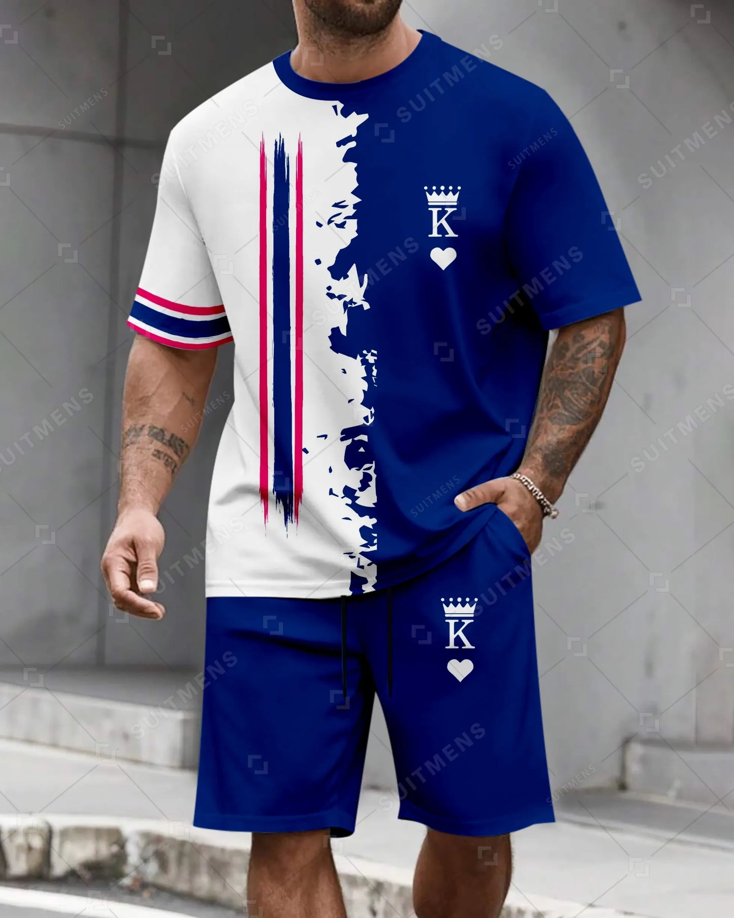 Men's Summer Colorblock Printed Round Neck Suit 05