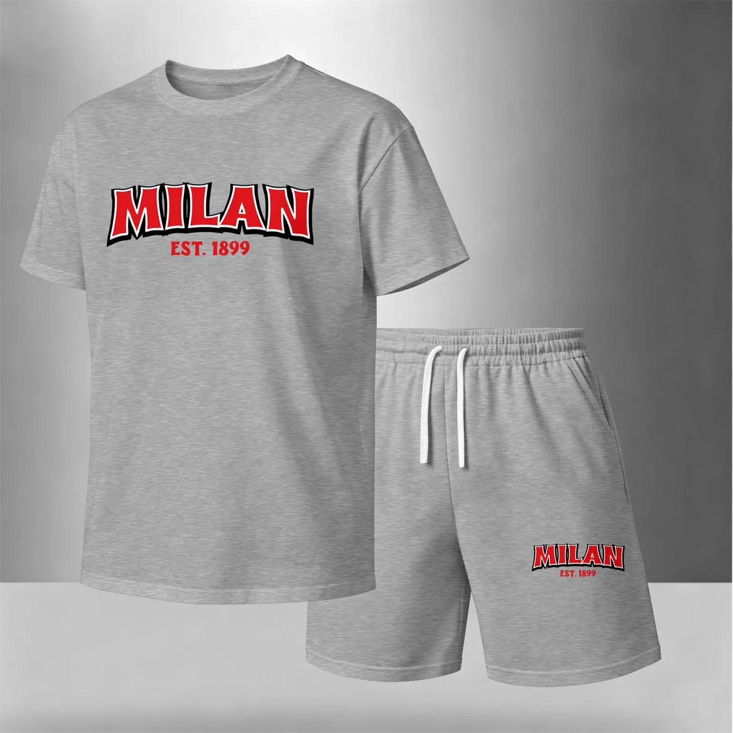 Men's Summer Two-Piece Set: Featuring a short-sleeve T-shirt with a "Milan" letter print paired with drawstring shorts, this lightweight and breathable casual outfit is perfect for the beach, vacations, workouts, travel, running, and everyday wear.