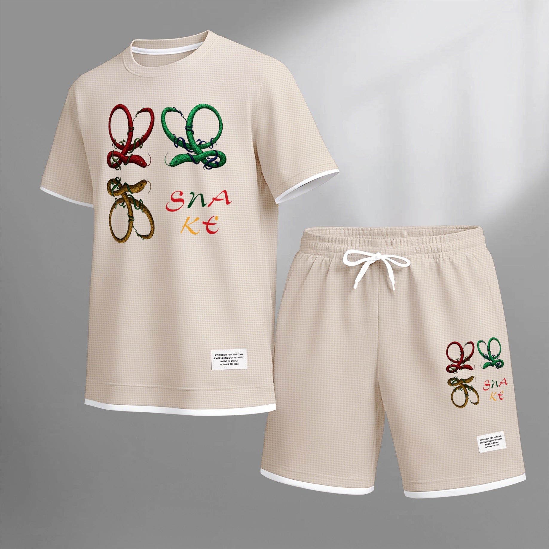 Men's Colorful Snake Shaped Letter Graphic Print Waffle Short Sleeve T-Shirt & Shorts Set, Summer Lightweight Casual Sporty Two-Piece Outfit, Streetwear for Gym & Daily Wear