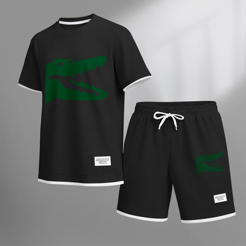 Men's Casual Style Crocodile Print Waffle Fabric Short-Sleeved Shirt And Shorts Set