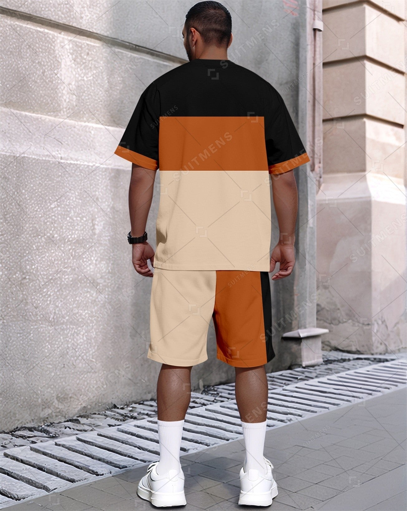 Men's Summer Colorblock Printed Round Neck Set 386