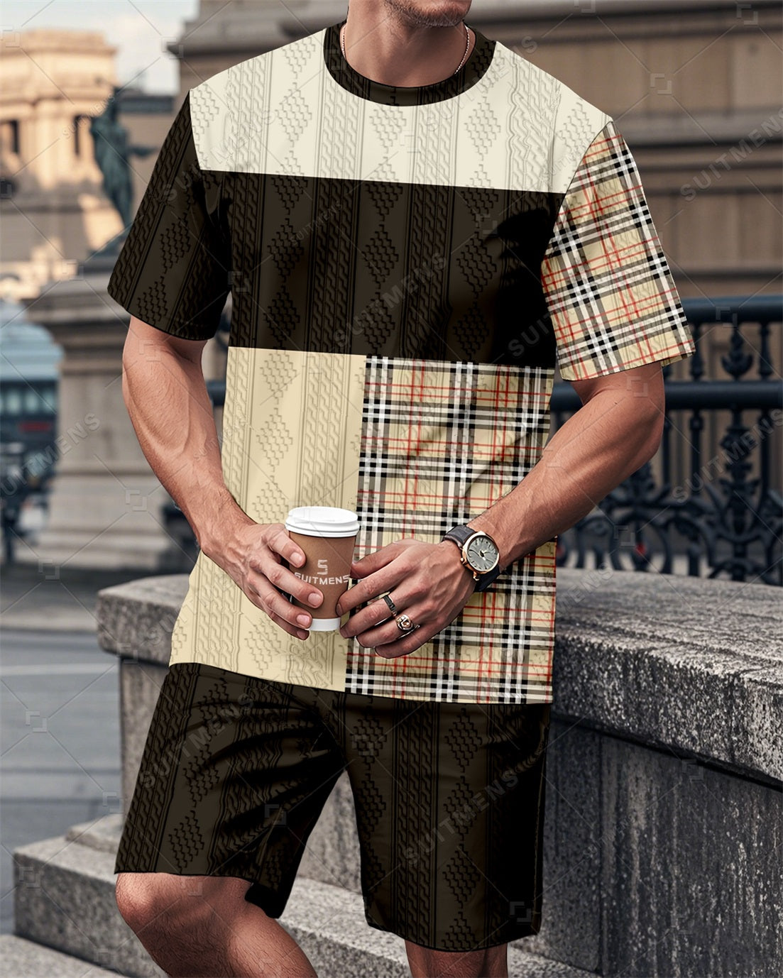 Men's Colorblock Round Neck Jacquard Texture Print Shorts Set  011