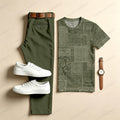 Men's Casual Dark Green Two-Piece Set: Printed Crew Neck Short-Sleeve Top & Long Pants