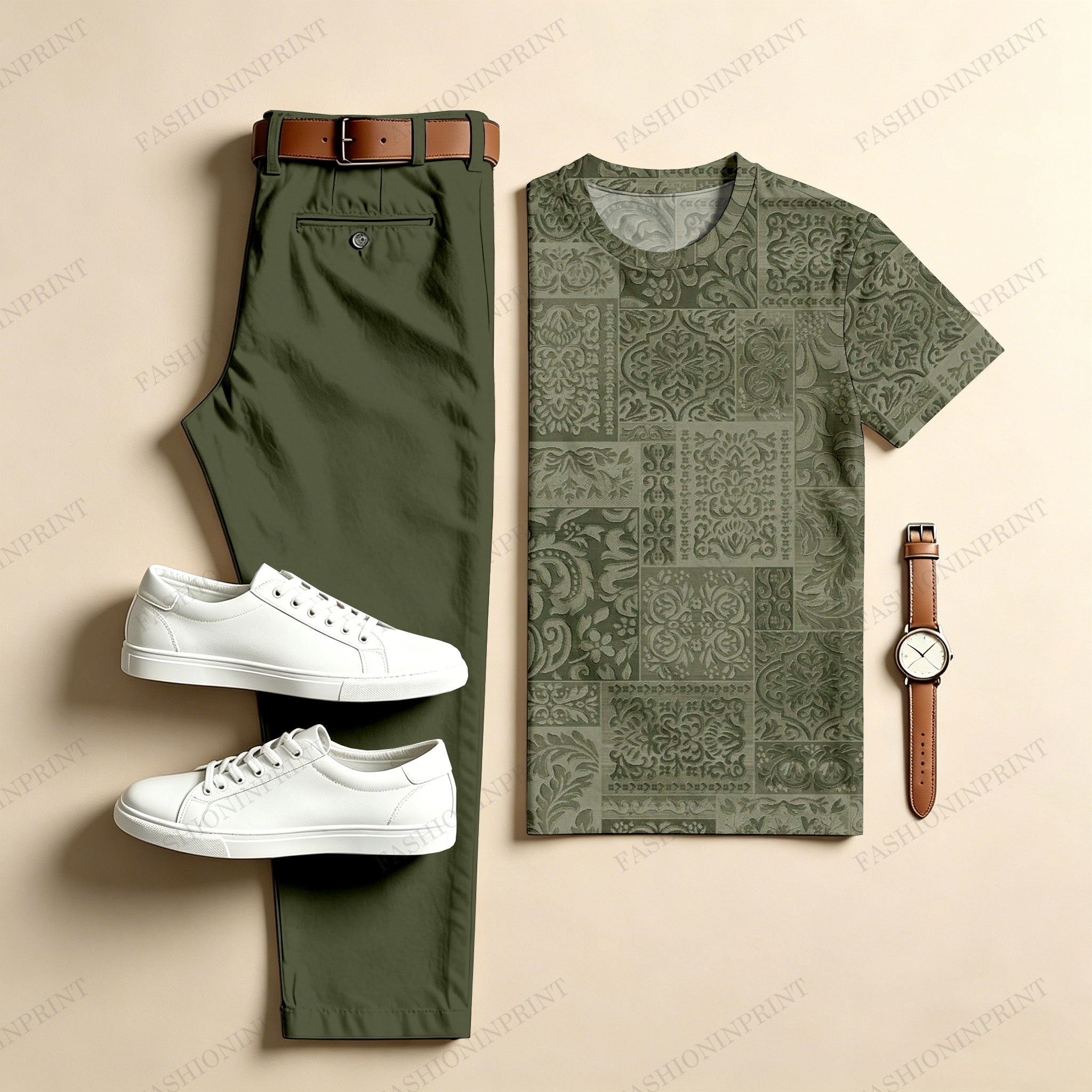 Men's Casual Dark Green Two-Piece Set: Printed Crew Neck Short-Sleeve Top & Long Pants