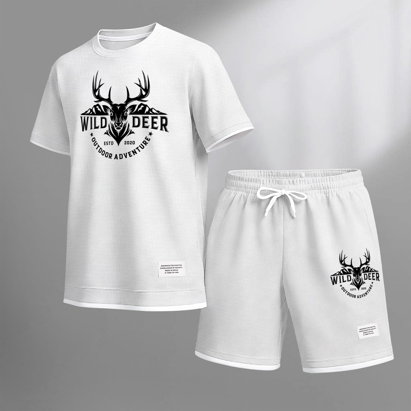 Men's Wild Deer Graphic Print Waffle Short Sleeve T-Shirt & Shorts Set, Summer Lightweight Outdoor Adventure Sporty Casual Two-Piece Outfit, Streetwear for Gym & Daily Wear