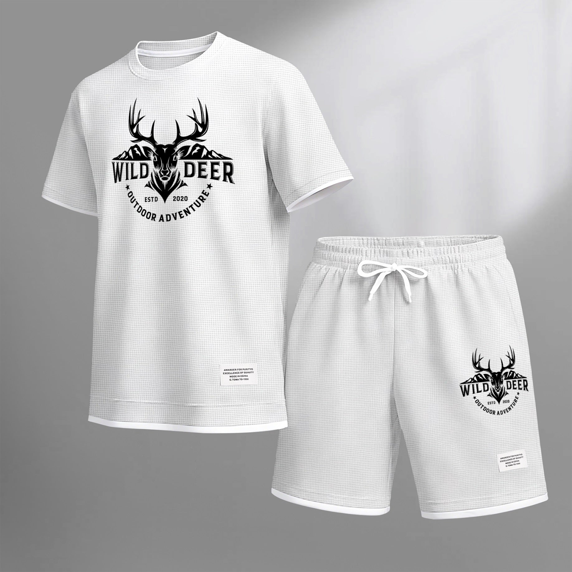 Men's Wild Deer Graphic Print Waffle Short Sleeve T-Shirt & Shorts Set, Summer Lightweight Outdoor Adventure Sporty Casual Two-Piece Outfit, Streetwear for Gym & Daily Wear