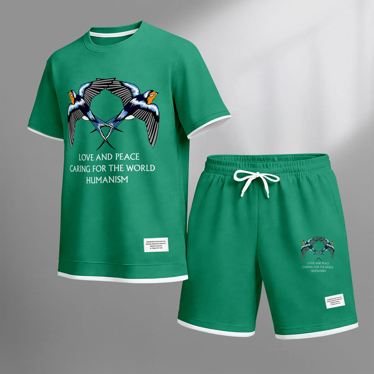 Men's Casual Style Peace Dove Print Waffle Fabric Short-Sleeved Shirt And Shorts Set