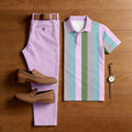 Men's Casual Pink & Blue Vertical Stripes Printed Polo Shirt And Pants Two-Piece Set204510