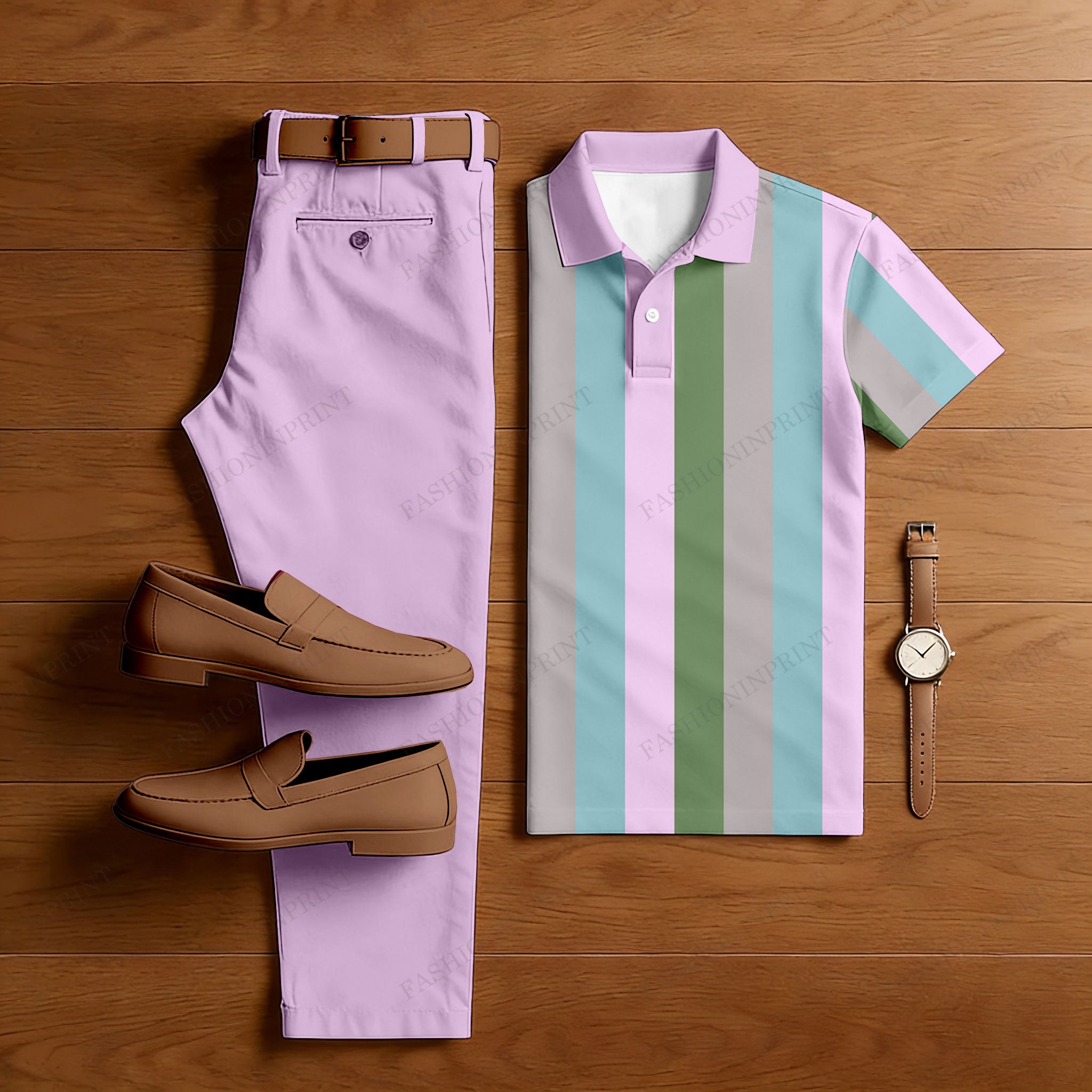 Men's Casual Pink & Blue Vertical Stripes Printed Polo Shirt And Pants Two-Piece Set204510