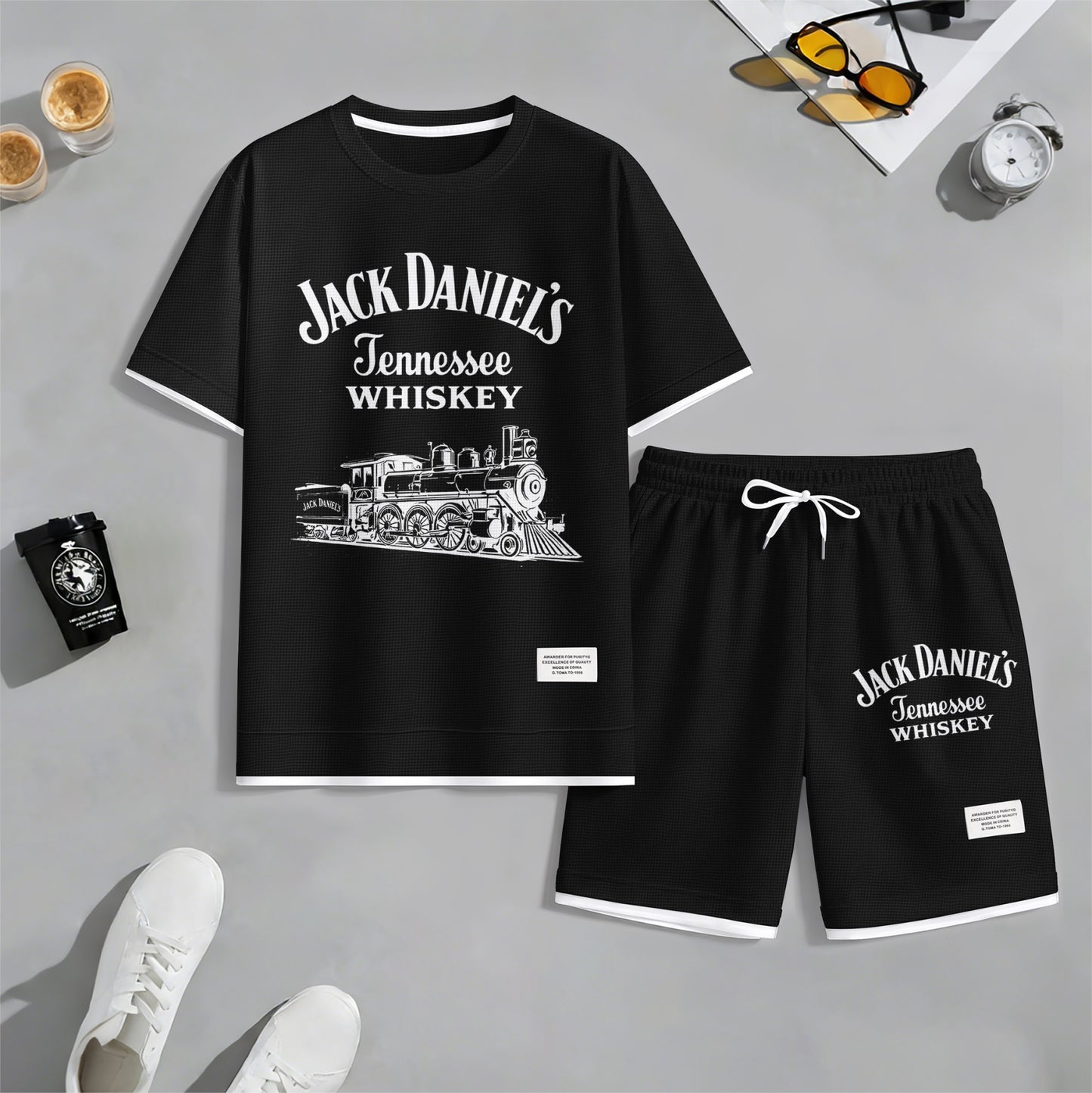 Men's Beer Print Drawstring Shorts Set, Suitable For Spring And Summer Wear, Casual Summer Set, Including Short-Sleeved Shirt And Shorts, Suitable For Everyday Wear And Sports.