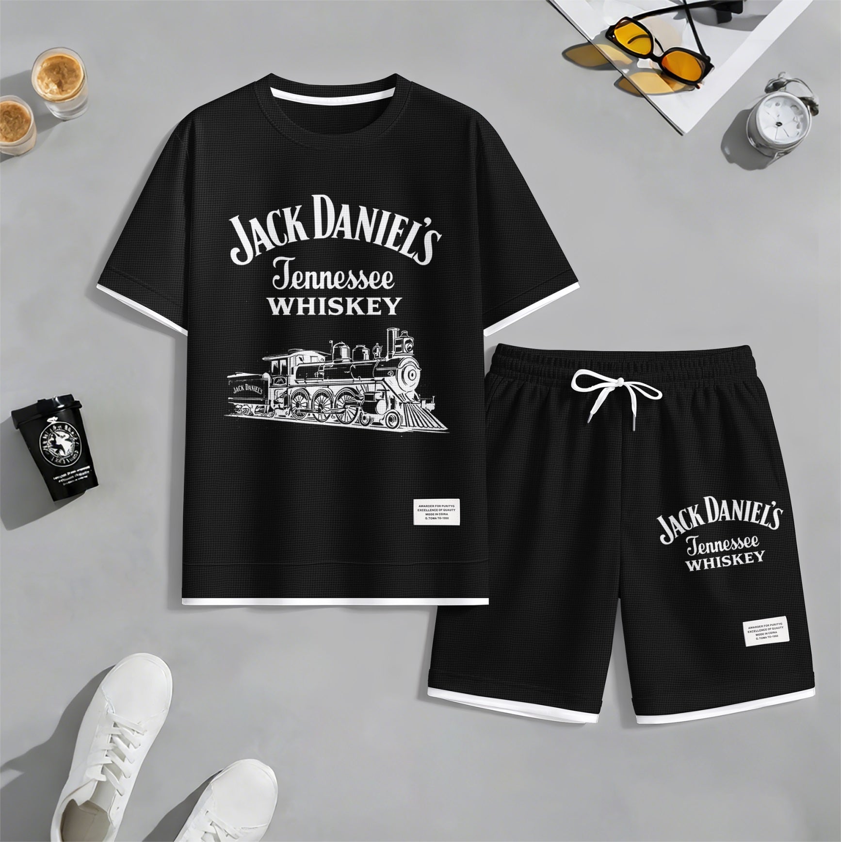 Men's Beer Print Drawstring Shorts Set, Suitable For Spring And Summer Wear, Casual Summer Set, Including Short-Sleeved Shirt And Shorts, Suitable For Everyday Wear And Sports.