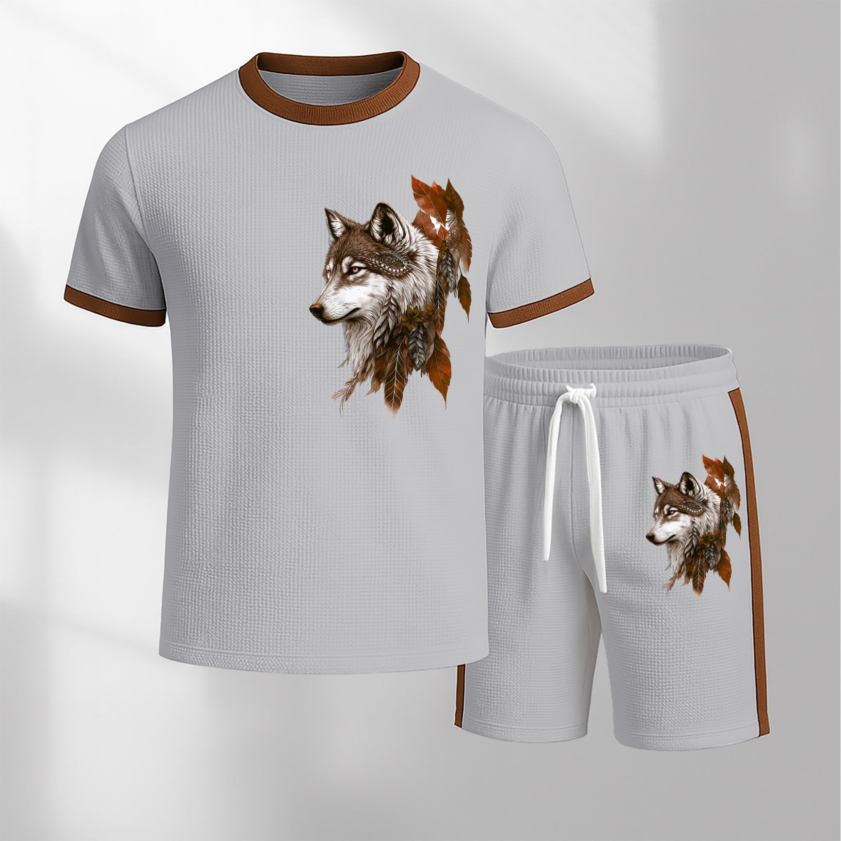 Men's Wolf King Pattern Short-Sleeve T-Shirt and Drawstring Shorts Set, Men's Clothing, Casual Sportswear Short-Sleeve Top and Shorts, Summer Men's Everyday Wear, Indoor and Outdoor Sportswear, Sports Set