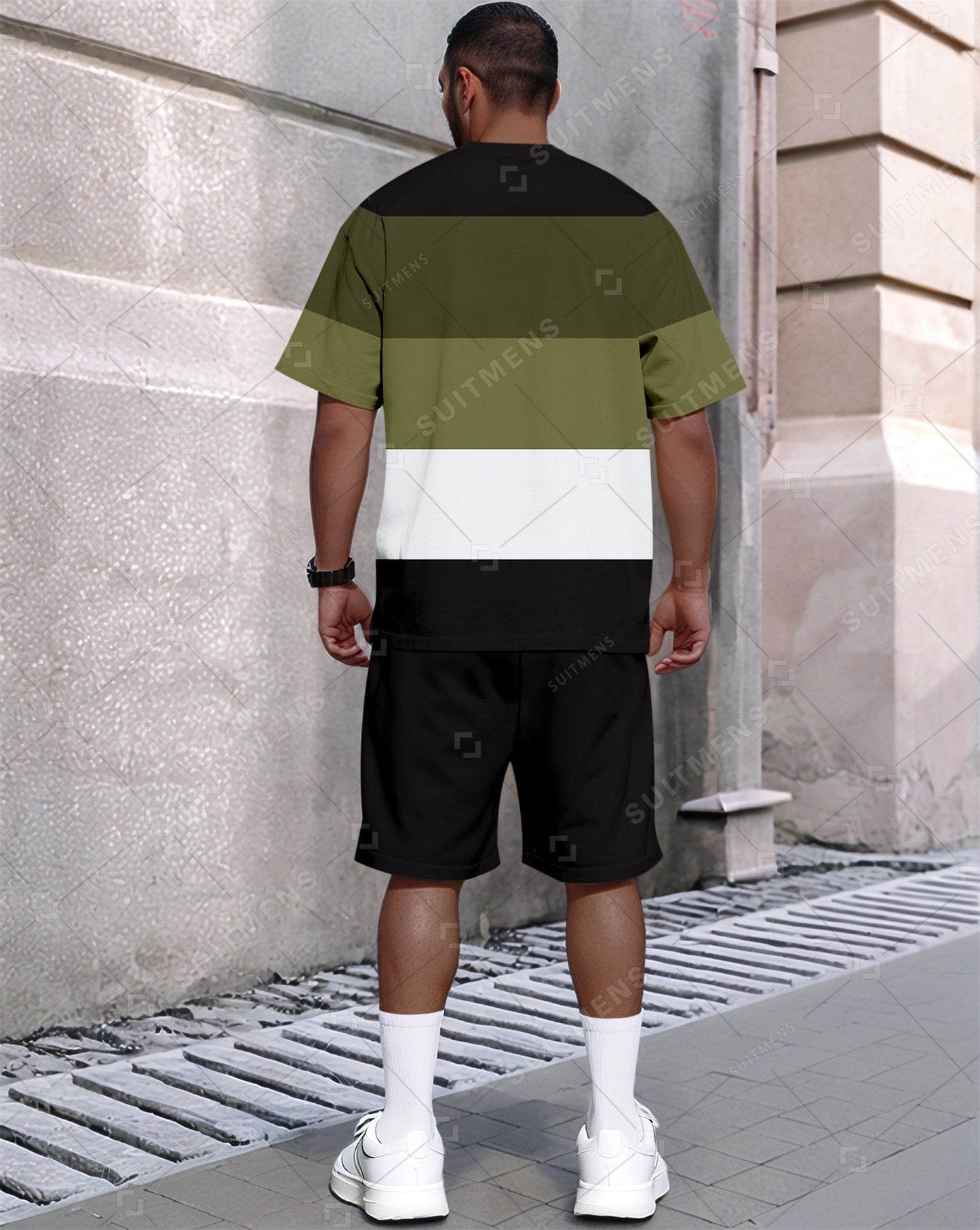 Men's Summer Colorblock Printed Round Neck Set 638