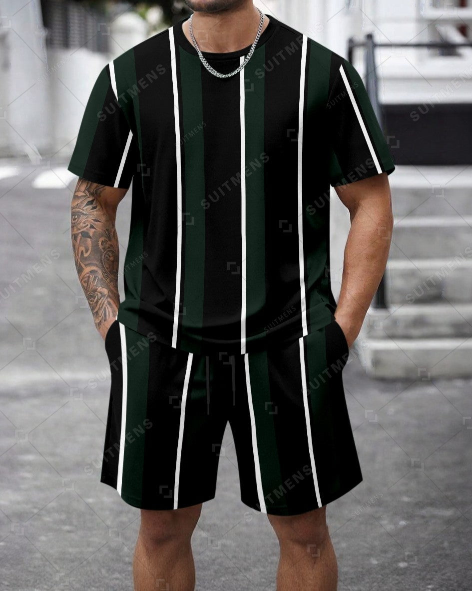 Men's Summer Colorblock Printed Round Neck Set 463