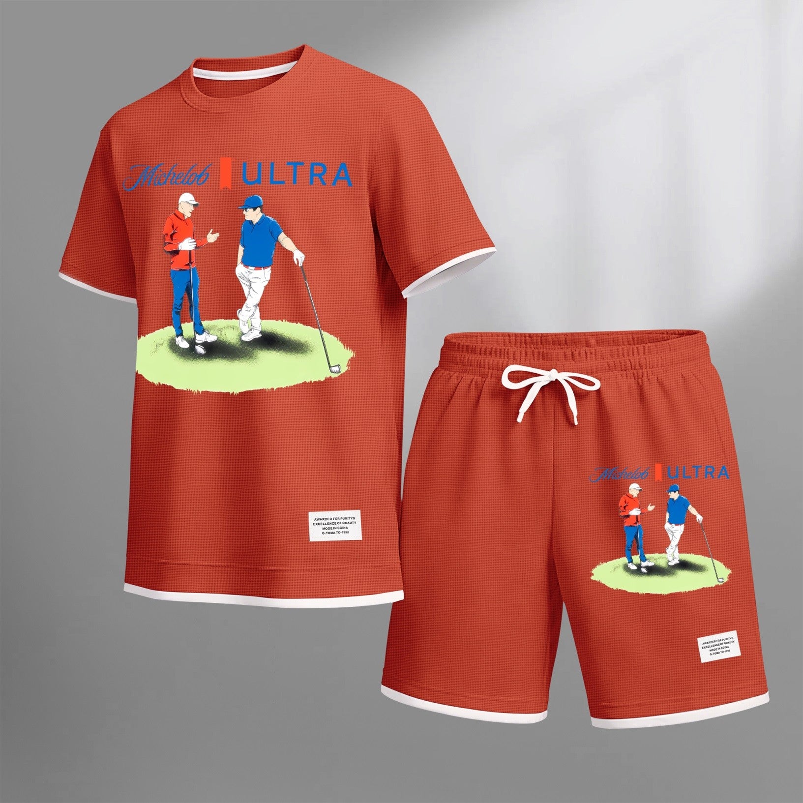 Men's vintage beverage print drawstring shorts set, suitable for spring and summer wear. This casual summer set includes a short-sleeved shirt and shorts, perfect for everyday wear and sports. Two-piece set design.