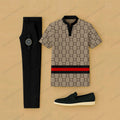 Men's Casual Black & Brown Color Matching Retro Style Checkered Printed Short Sleeved Henry Collar T-Shirt & Trousers Two-Piece Set