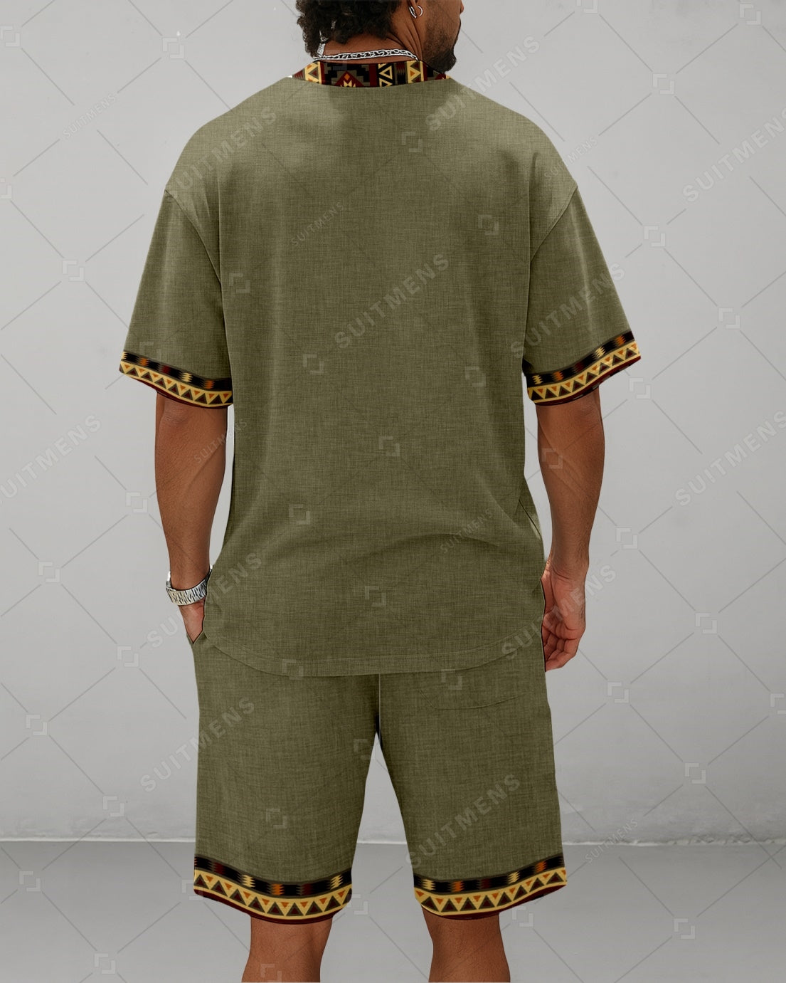 Men's Summer Colorblock Printed Round Neck Suit 074