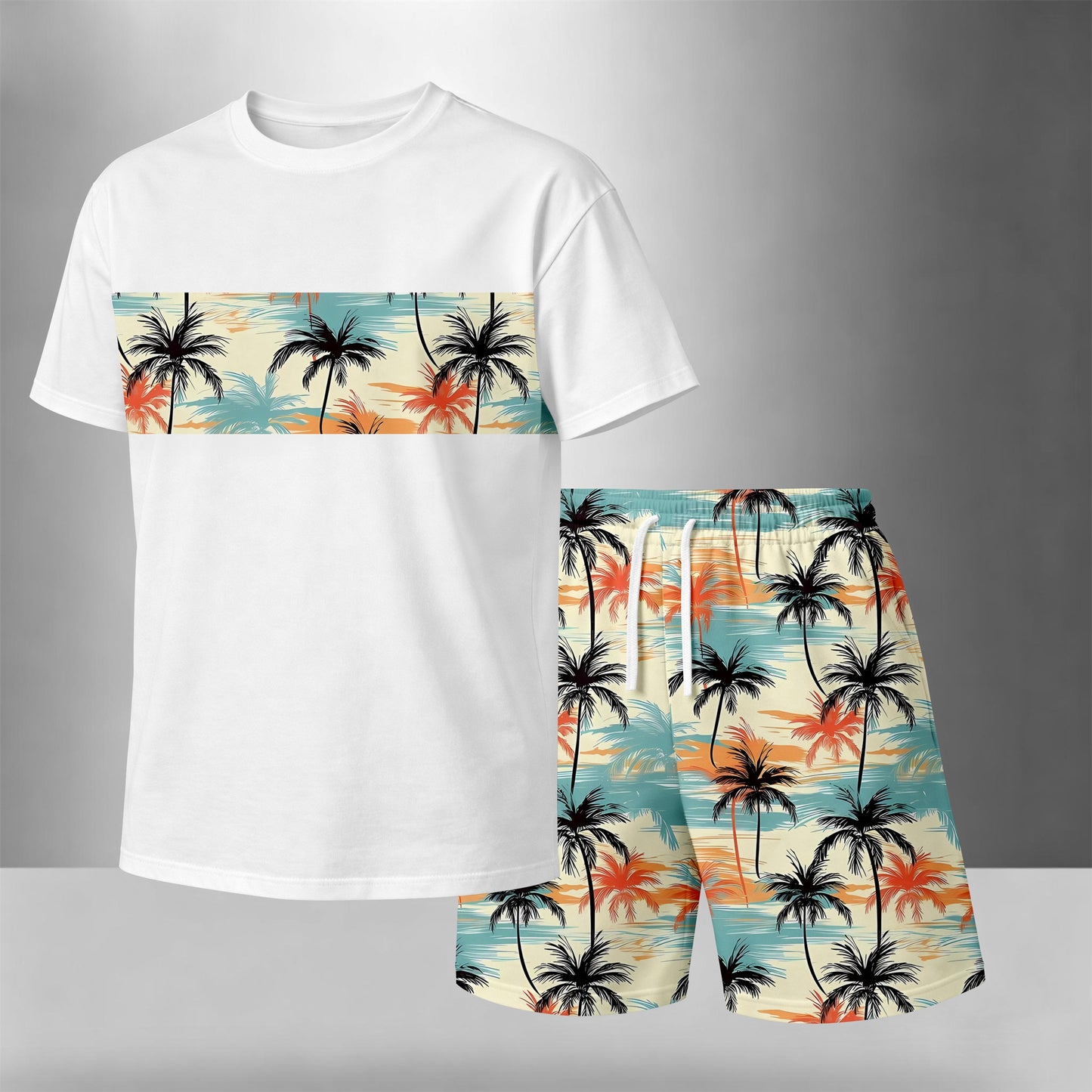 Men’s Beach Print Matching Set, Tropical Palm Graphic Short Sleeve Tee and Elastic Waist Shorts 2 Piece Outfit, Soft Breathable Summer Clothing for Vacation, Seaside Trips, Cruise, Holiday, Outdoor Leisure, and Everyday Wear