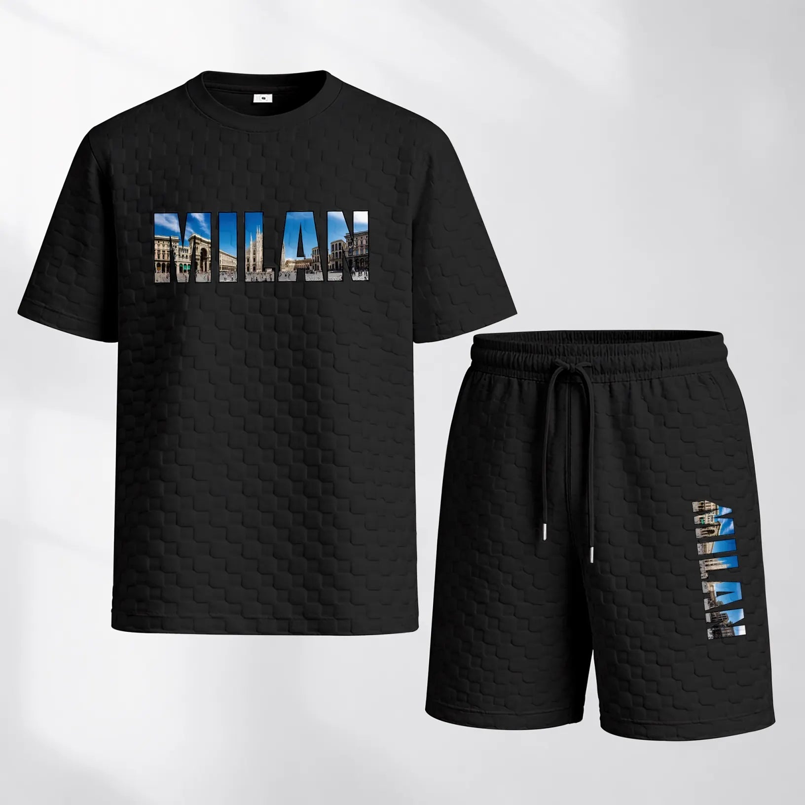 Men's Spring and Summer Milan Letter Print Checkered Fabric Drawstring Shorts Set, Casual Summer Outfit with Short-Sleeved Shirt and Shorts, Ideal for Everyday Wear and Sports Activities