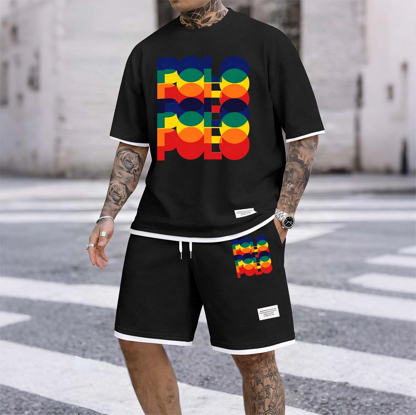 Men's Polo Print Drawstring Shorts Set For Spring/Summer. A Casual Summer Outfit, Including A Short-Sleeved Shirt And Shorts, Suitable For Everyday Wear And Sports. A Two-Piece Set For A Relaxed And Energetic Lifestyle.