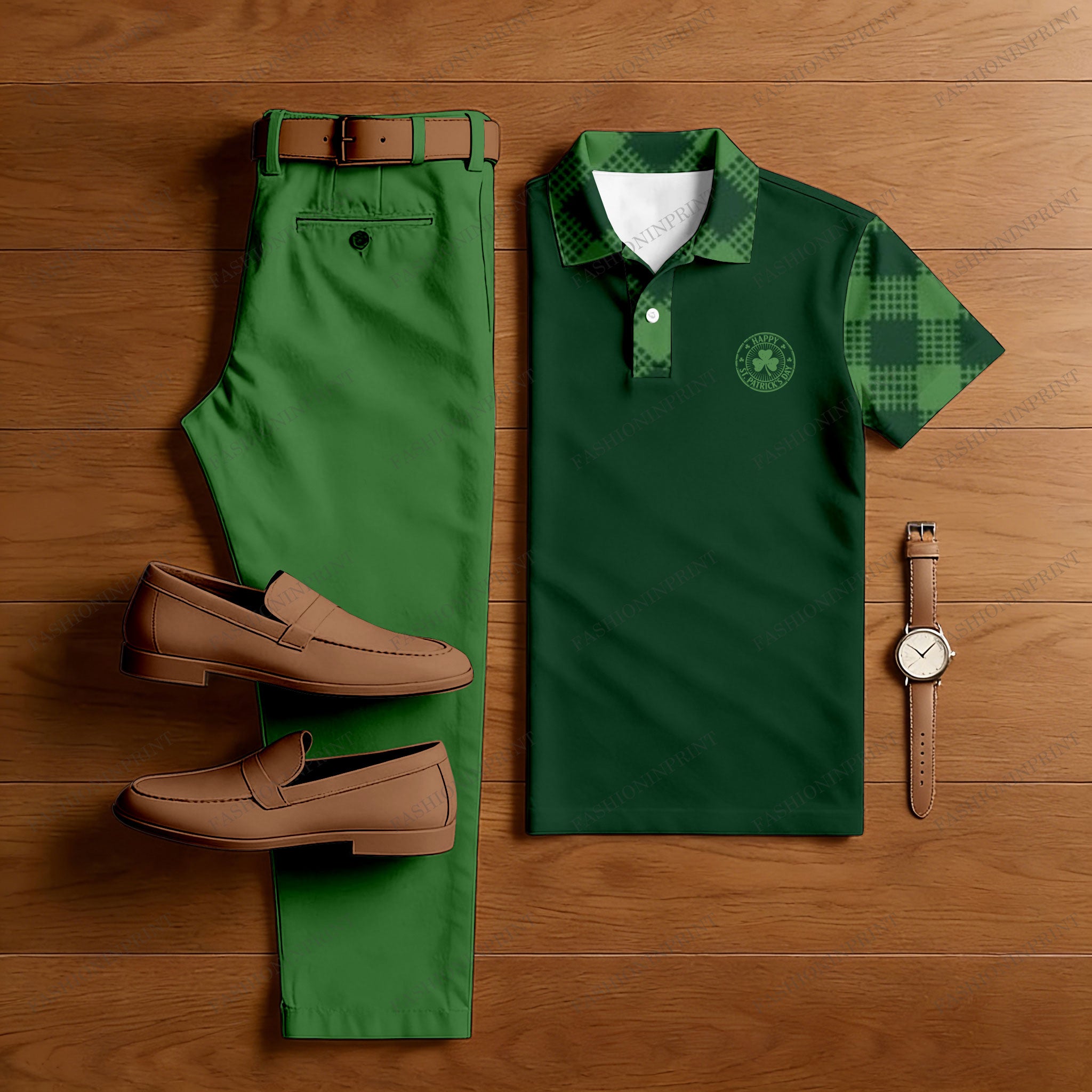 Men's Casual Green Color Matching St. Patrick's Day Checkered Printed Short Sleeved Polo Shirt & Trousers Two-Piece Set