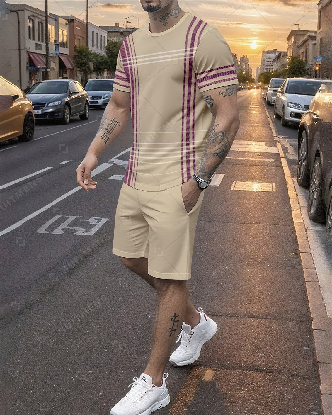 Men's Summer Colorblock Printed Round Neck Set 767