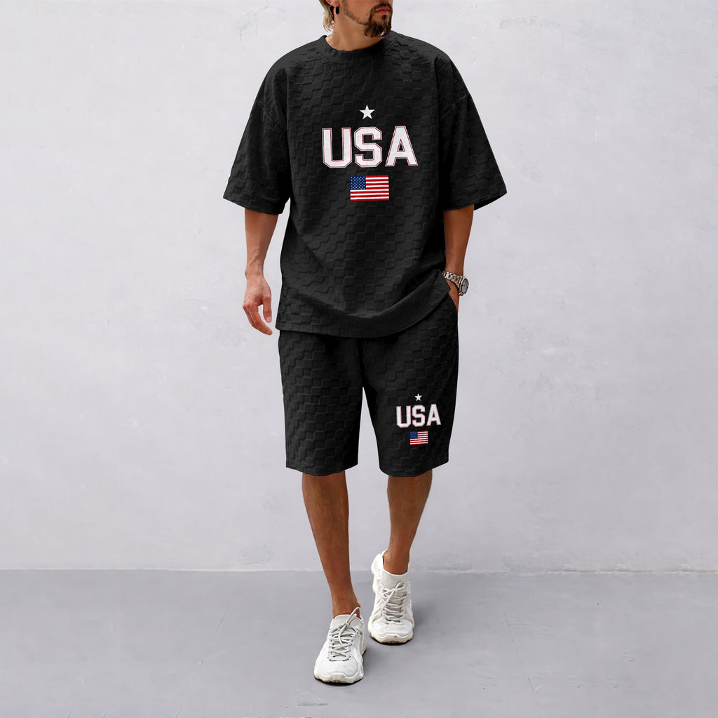 Men's Spring and Summer USA Letter Print with Flag Checkered Fabric Drawstring Shorts Set, Casual Summer Outfit with Short-Sleeved Shirt and Shorts, Ideal for Everyday Wear and Sports Activities