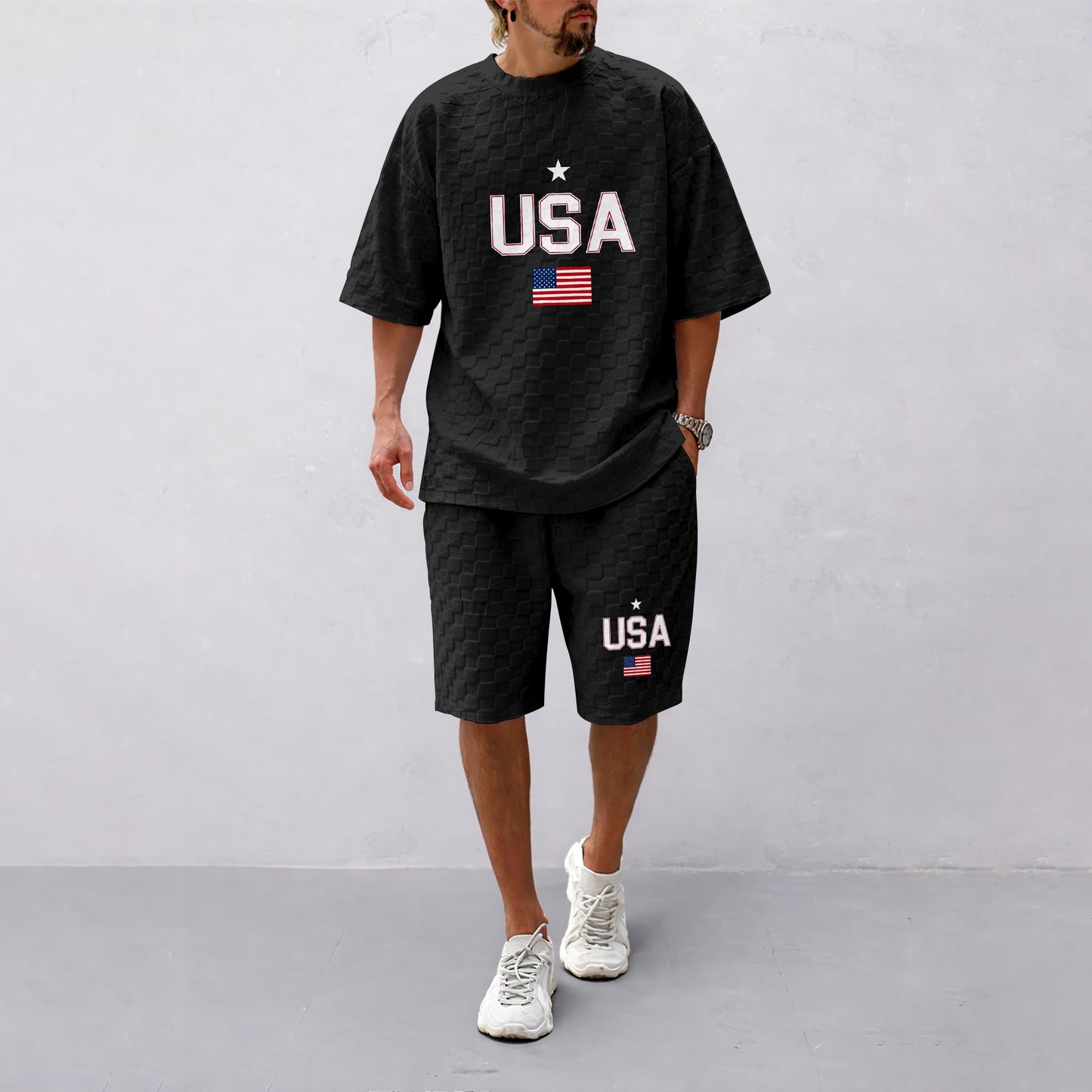 Men's Spring and Summer USA Letter Print with Flag Checkered Fabric Drawstring Shorts Set, Casual Summer Outfit with Short-Sleeved Shirt and Shorts, Ideal for Everyday Wear and Sports Activities