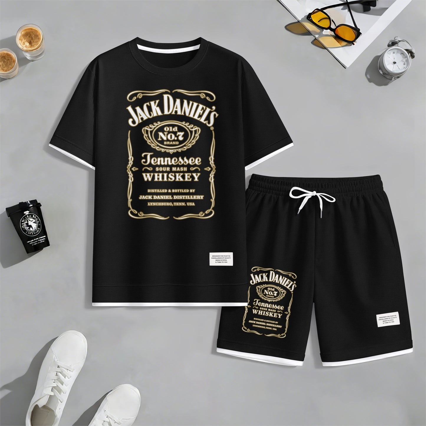 Men's Beer And Beverage Printed Drawstring Shorts Set, Suitable For Spring And Summer Wear, Casual Summer Set, Including Short-Sleeved Shirt And Shorts, Suitable For Everyday Wear And Sports 03