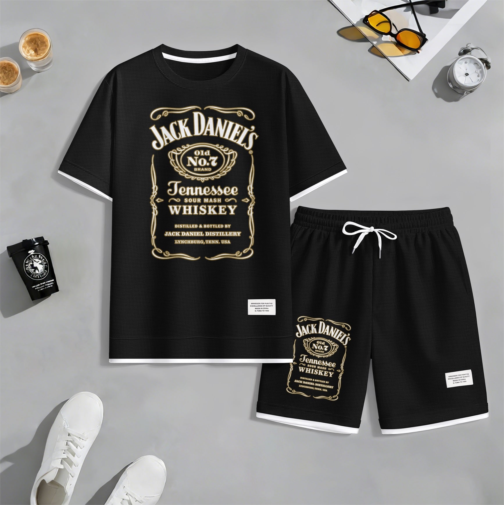 Men's Beer And Beverage Printed Drawstring Shorts Set, Suitable For Spring And Summer Wear, Casual Summer Set, Including Short-Sleeved Shirt And Shorts, Suitable For Everyday Wear And Sports 03