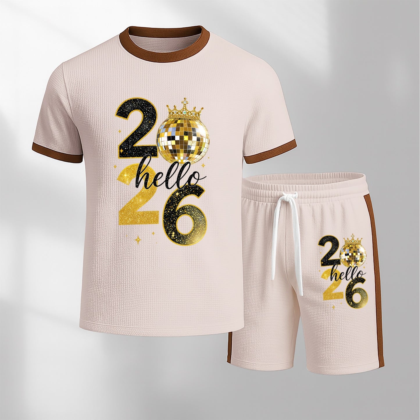 Men's 2026 Pattern Short-Sleeve T-Shirt and Drawstring Shorts Set, Men's Clothing, Casual Sporty Short-Sleeve Top and Shorts, Summer Men's Everyday Wear, Indoor and Outdoor Sportswear, Athletic Set